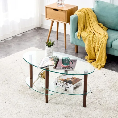 Miniatura 2 de Mesa de centro ovalada con almacenamiento, moderna mesa de vidrio de 3 capas para sala de estar (marrón)