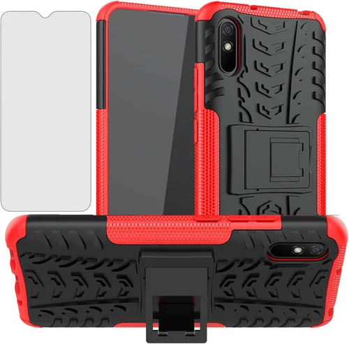 Asuwish Funda de teléfono para Xiaomi Redmi 9A Redme 9i con protector de pantalla de vidrio templado y soporte delgado híbrido resistente resistente