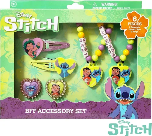 Miniatura 9 de LUV HER Disney Stitch Girls BFF - Juego de 6 piezas de joyero de juguete con 2 anillos, 2 pulseras de cuentas y pinzas para el cabello a presión a