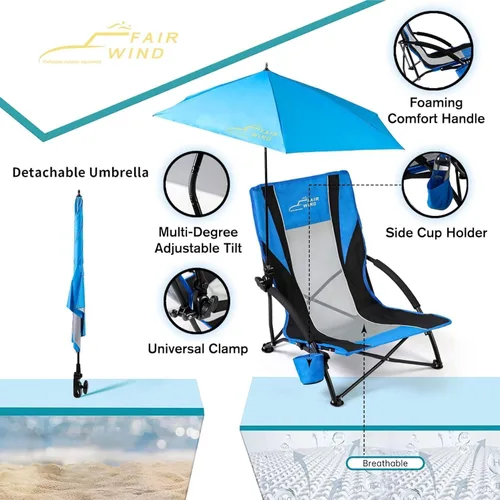 Miniatura 4 de FAIR WIND Sillas de playa con paraguas de 360° para adultos, silla de arena antideslizante resistente de 300 libras, asiento de mochila portátil
