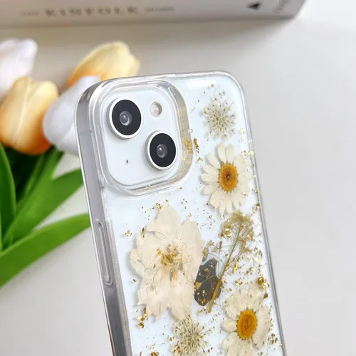 Miniatura 5 de LSEEKA Funda transparente para iPhone 13 Mini/iPhone 12 Mini con diseño de flores reales prensadas, con purpurina, bonito patrón floral blanco, Oro