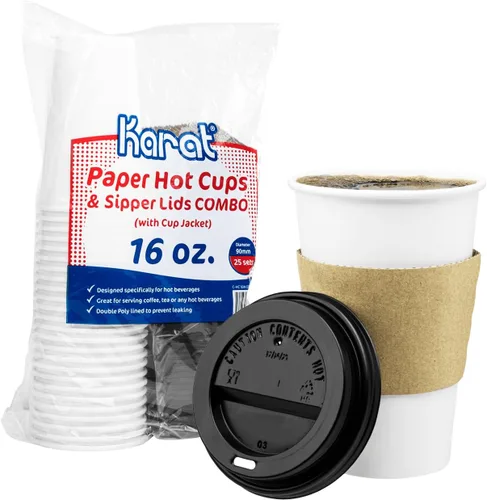 Karat Vaso desechable de 16 onzas, paquete de 250, perfecto para llevar bebidas y fiestas, resistente, resistente al calor (taza de 16 onzas + tapa