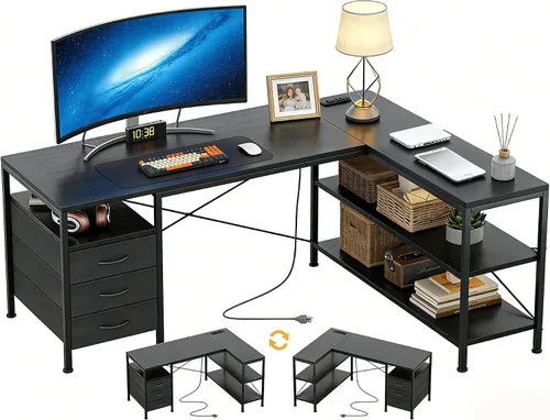 Alpen Escritorio para computadora con cajones, escritorio en forma de L para dormitorio con tomas de corriente, mesa de juegos con 3 cajones y