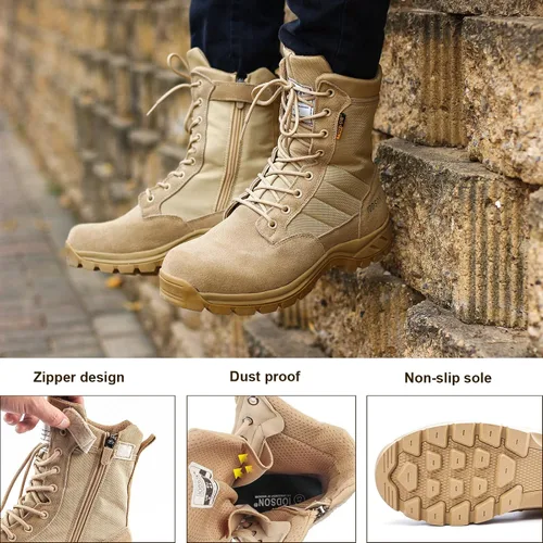 Miniatura 4 de IODSON Botas tácticas militares para hombre con cremallera lateral, botas de trabajo resistentes a pinchazos, botas de combate del desierto, botas