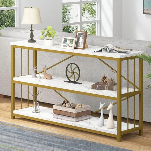 LVB Mesa consola blanca de 3 niveles, moderna mesa de entrada de sofá de mármol sintético dorado, mesas de pasillo de metal de madera con estantes