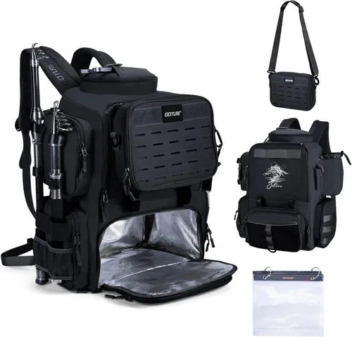 Miniatura 15 de Mochila de pesca Goture, mochila de equipo de pesca resistente al agua de 900D con soportes para cañas, bolsa de equipo de pesca de gran Rosa
