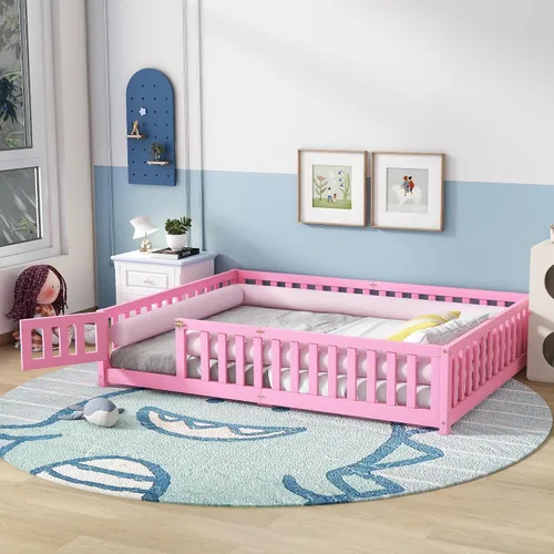 Miniatura 11 de VilroCaz Playfun - Cama de suelo tamaño individual con valla que se puede abrir, cama Montessori de metal con diseño de plataforma para niños
