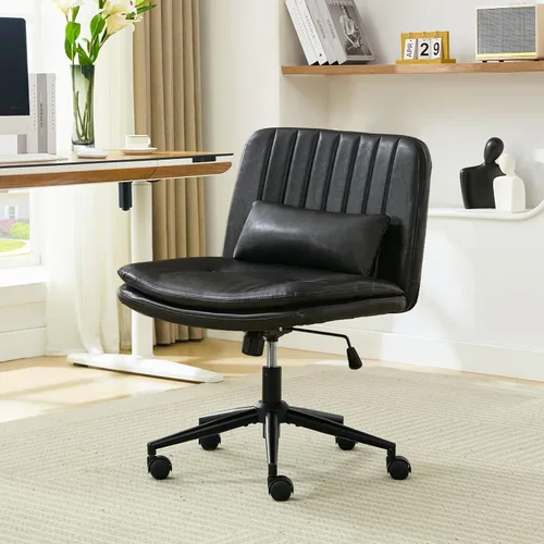 Miniatura 9 de Oprisen Silla cruzada con ruedas, cómodo cojín grueso sin brazos, asiento ancho, patas cruzadas, silla de oficina con almohada, ajustable giratoria