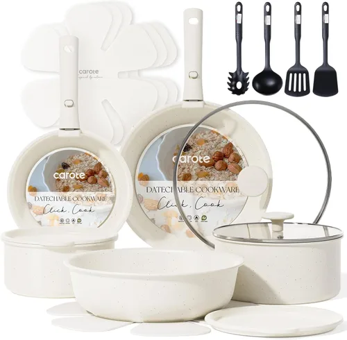 Miniatura 10 de CAROTE Juego de 17 piezas de ollas y sartenes antiadherentes, juego de utensilios de cocina con mango desmontable, juego de cocina antiadherente