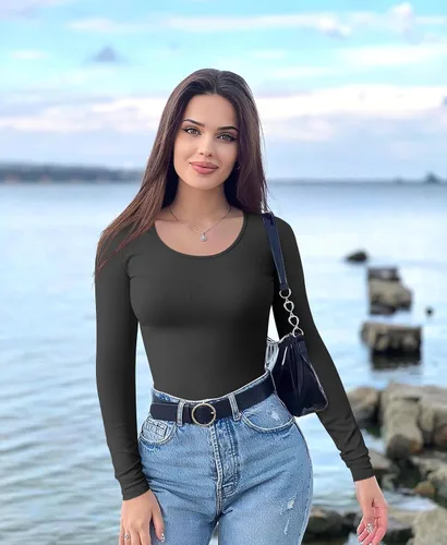 Miniatura 4 de OQQ Camiseta de manga larga de 2 piezas para mujer, cuello redondo, elástica, ajustada, para usar en capas