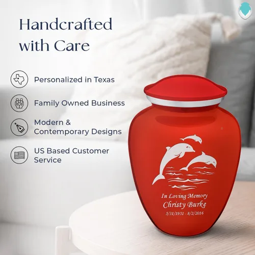 Miniatura 9 de Geturns Embrace - Urnas de cremación personalizadas de delfines para cenizas humanas, urna funeraria grande de color rojo brillante para mujeres