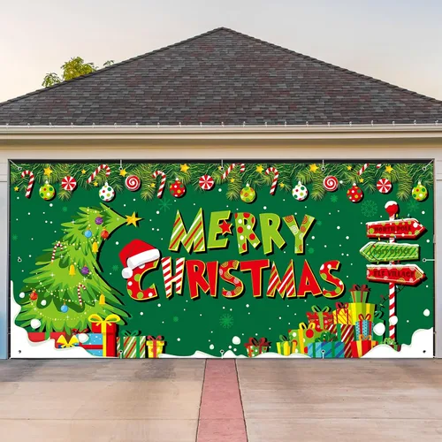 Miniatura 10 de Ganeen Cubierta de Banner para Puerta de Garaje de Navidad de 6 x 13 pies Polo Norte Árbol de Navidad Nevado Fondo de Fotografía Bosque de Invierno