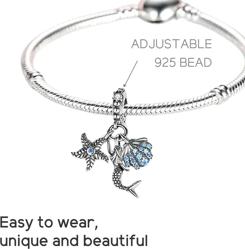 Miniatura 3 de NUJIFFY Abalorios de plata de ley 925 para pulseras y collares, pulseras solares con dije de estrella de mar y estrella, conchas de estrella de mar