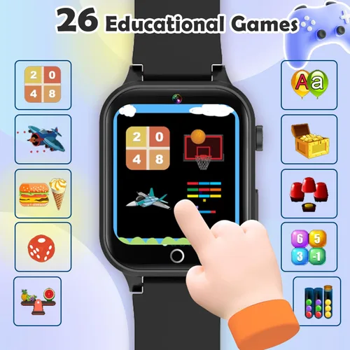 Miniatura 4 de Luyiilo Reloj de juegos para niños, con 26 juegos de rompecabezas, pantalla táctil, cámara HD, reloj despertador, juguetes para edades de 4 a 12