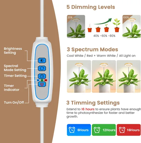 Miniatura 5 de Kullinss - Luz de crecimiento, 48 luces LED de espectro completo para plantas de cultivo en interiores con base desmontable, temporizador de Grano