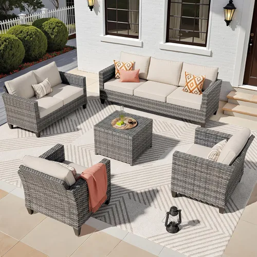 Miniatura 16 de ovios Juego de muebles de patio de 6 piezas, sillas giratorias de mimbre para exteriores con mesa para fogatas de 30 pulgadas, juego de mecedoras