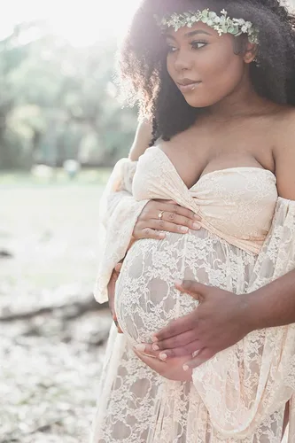 Miniatura 2 de Saslax Vestido largo de maternidad con hombros descubiertos y hombros descubiertos con abertura doble vestido de maternidad para sesión de fotos