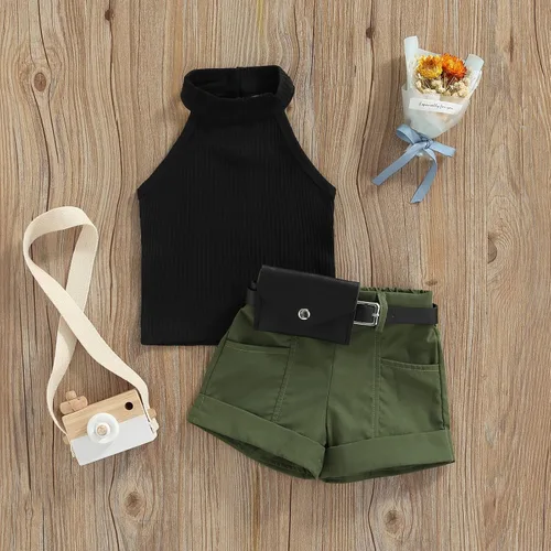 Miniatura 78 de TheFound Trajes de verano para niñas pequeñas, sin mangas, de punto acanalado, halter, pantalones cortos, ropa para recién nacidos, conjunto de 3