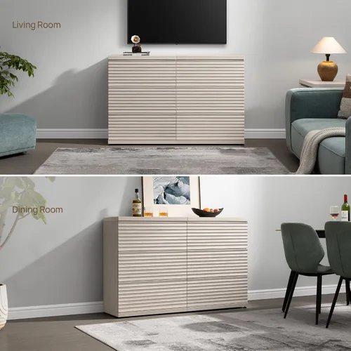 Miniatura 7 de SICOTAS Aparador buffet con almacenamiento, moderna credenza de acento acanalada con 3 cajones más grandes, mesa consola multimedia de mediados