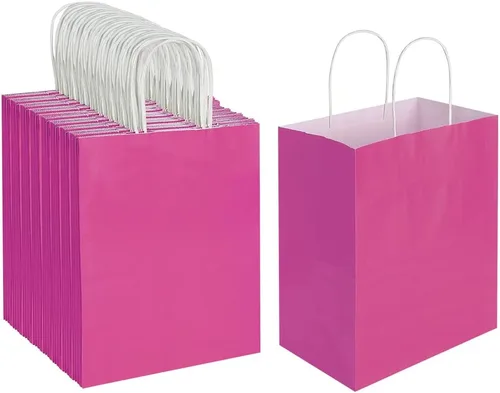 Oikss Paquete de 100 bolsas de papel kraft medianas de 8 x 4.75 x 10 pulgadas con asas a granel para cumpleaños, bodas, fiestas, comestibles, Fucsia