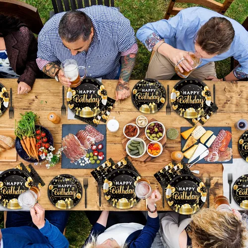Miniatura 5 de Juego de vajilla para fiesta de cumpleaños de 96 piezas, color negro y dorado, platos y servilletas de fiesta negros, suministros de papel