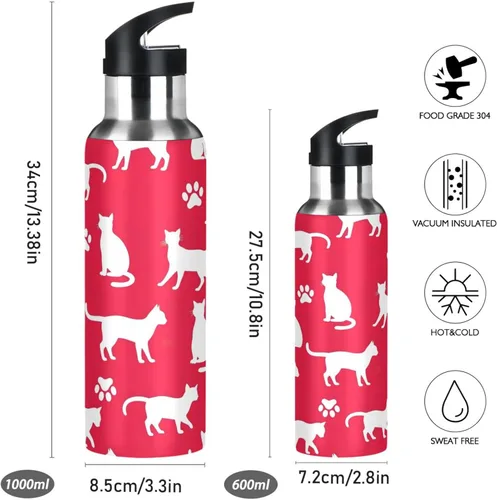 Miniatura 2 de White Cat Paw Prints Red Insulated Stainless Steel Water Bottle with Straw 20 Oz Leakproof Water Bottles, BPA-Free Sport Water Bottle Insulated
