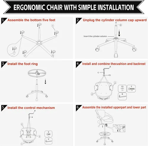 Miniatura 7 de Silla de dibujo ergonómica,Silla de escritorio de computadora de pie,Anillo de pie, Soporte lumbar,Silla giratoria para tareas,Negro