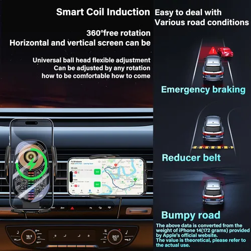 Miniatura 15 de Soporte inalámbrico para teléfono de automóvil de 15 W, sujeción de detección automática de 3 ejes, rotación de 360°, soporte de teléfono de carga