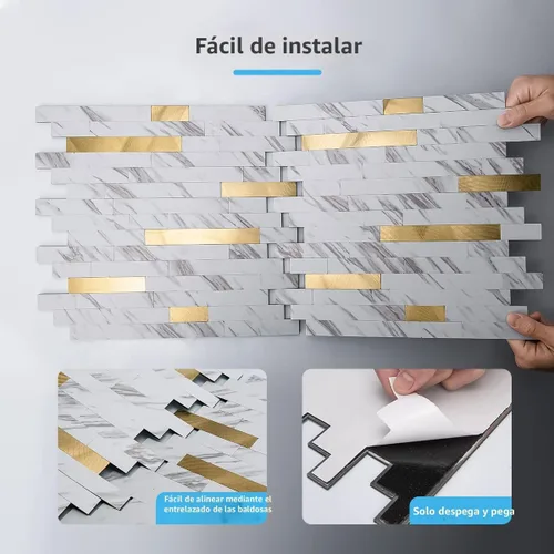 Miniatura 6 de Art3d - Azulejos despega y pega de 10 hojas para salpicadero de cocina, baño, chimenea y lavandería en color pizarra blanca con tachuelas doradas