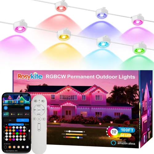 Miniatura 10 de Rosykite Luces de Navidad al Aire Libre - 50 pies de luces inteligentes RGB+IC para canalones con 63 escenas, impermeables IP67, control de voz