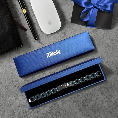 Miniatura 7 de Pulsera Zillaly para hombre, de acero inoxidable ion negro y azul, placa curva inicial, regalo para novio, marido, padre, viene con caja de regalo
