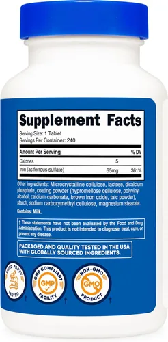 Miniatura 5 de Nutricost Hierro (Como Sulfato Ferroso) 65mg, 240 Tabletas - Sin OGM, Sin Gluten
