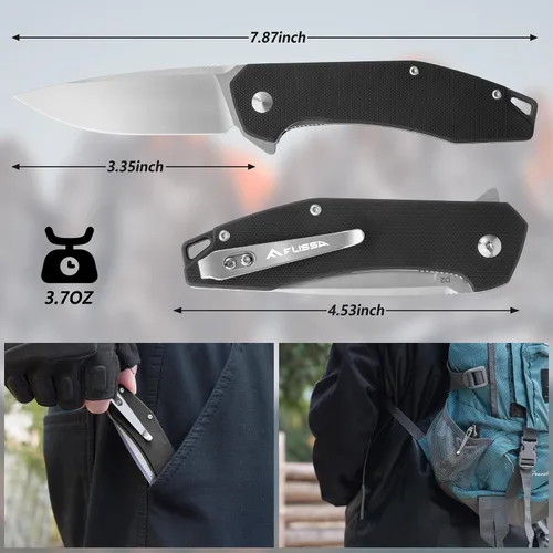 Miniatura 5 de FLISSA Cuchillo de bolsillo, cuchillo táctico plegable con mango G10, hoja D2, seguro de revestimiento, clip de bolsillo, cuchillo EDC para Negro
