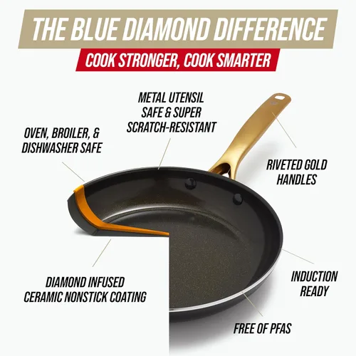Miniatura 5 de Blue Diamond - Juego de 14 piezas de ollas y sartenes antiadherentes para inducción, con infusión de diamante, sin PFAS, de cerámica, apto