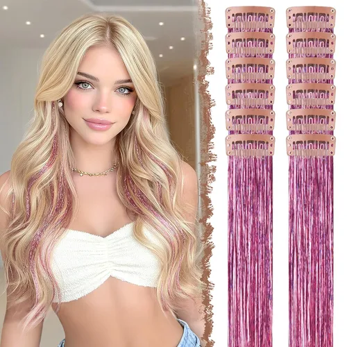 Miniatura 47 de FESHFEN Extensiones de cabello con clip de colores, 16 piezas de 8 colores resaltados, piezas de cabello sintético lacio con clip para mujer, 22