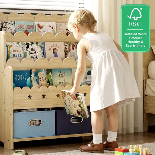 Miniatura 8 de EXPERLAM Estantería infantil 2 en 1 con 2 cajones de almacenamiento de juguetes, estantería frontal festoneada de 3 niveles para niños, organizador