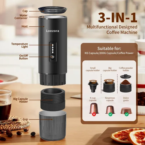 Miniatura 6 de Leozora - Cafetera portátil de café expreso, presión profesional de 20 bares, cuerpo de acero inoxidable, recargable por USB-C de 7500 mAh, 3 en 1
