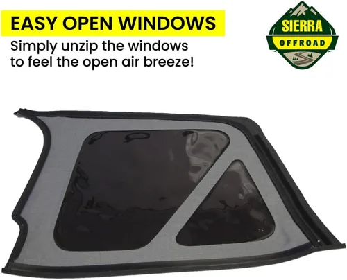 Miniatura 7 de Revestimiento superior estilo de fábrica Sierra Offroad para Jeep Wrangler TJ (1997-2002), funda blanda con vidrios polarizados, sin puertas Negro