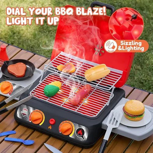 Miniatura 4 de Juego de parrilla para barbacoa para niños, juego de juguetes de cocina con humo de simulación, luz, sonido y alimentos que cambian
