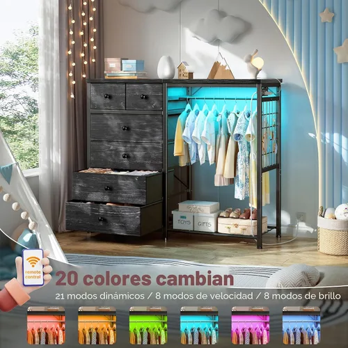 Miniatura 4 de EnHomee Cómoda de 49.2" de ancho para dormitorio con perchero colgante, 6 cajones, cómoda con luces LED y estación de carga, aparadores de tela