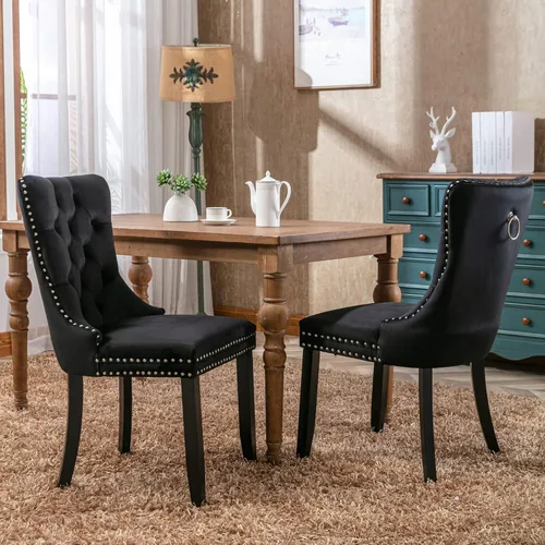 Miniatura 3 de Merax Juego de 2 sillas de comedor de terciopelo tapizadas de alta gama con anillo trasero de clavo, patas de madera maciza, asiento de espuma