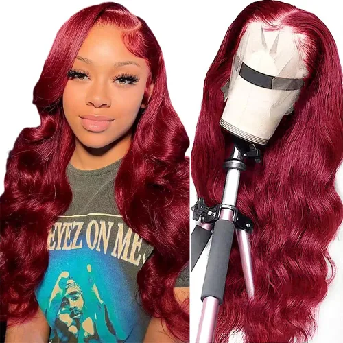 Miniatura 7 de MUPRETTY Pelucas de cabello humano con encaje frontal color burdeos, densidad del 180 %, peluca de encaje frontal de 13 x 4 pulgadas, con cabello
