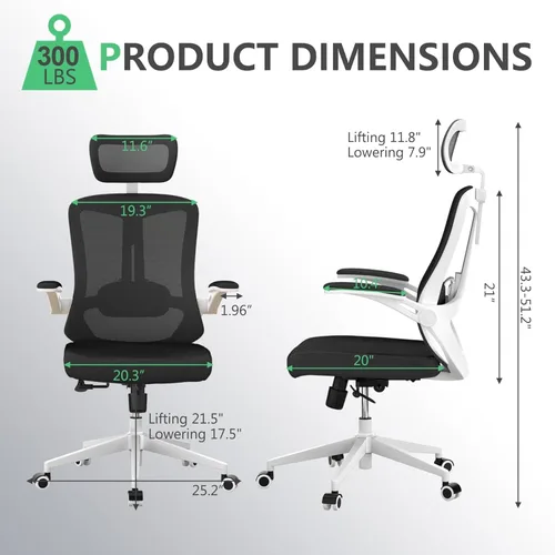 Miniatura 2 de Silla ergonómica de malla para computadora de oficina de 300 libras, silla de escritorio con ruedas de altura ajustable con reposabrazos abatibles