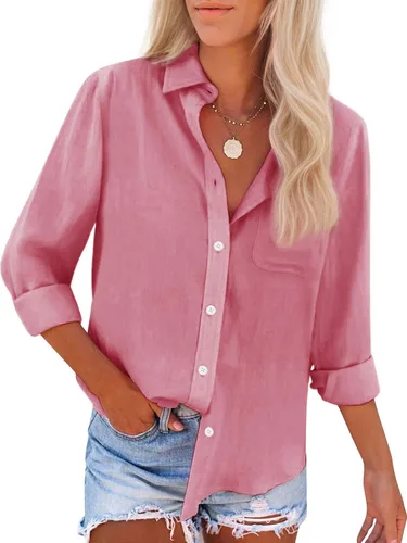 Miniatura 11 de Camisas de algodón con botones, para mujer, camisas de vestir Oxford, camisas de trabajo de manga larga, blusas con cuello y bolsillo