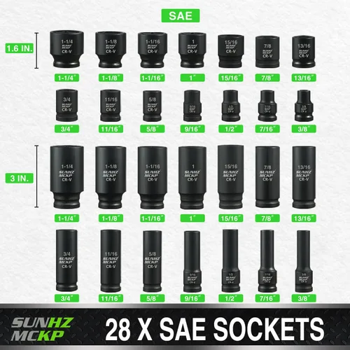 Miniatura 3 de SUNHZMCKP Juego de llaves de impacto de 1/2 pulgada, 66 piezas SAE estándar (3/8"-1-1/4") y métricas (8-24mm), kit de dados poco profundos/profundos