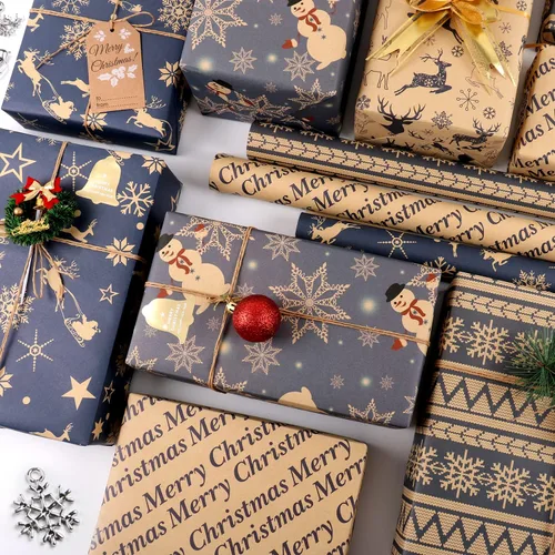 Miniatura 2 de Hojas de papel de regalo de Navidad, papel de regalo Kraft reciclado azul marino y marrón con etiquetas y pegatinas, papel de regalo de 6 hojas