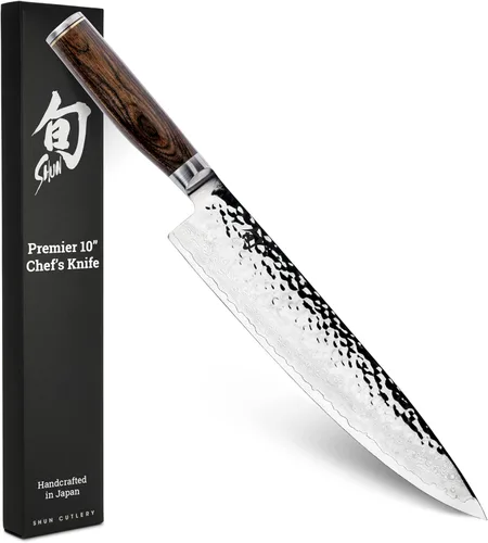 Shun Cutlery Premier - Cuchillo de chef de 10 pulgadas de largo, cuchillo de cocina ligero, ideal para la preparación de alimentos, auténtico Marrón