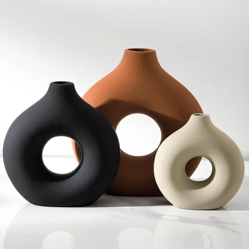 Juego de 3 jarrones de cerámica Vanselia para decoración de mesa del hogar - Jarrones florales pequeños para centro de mesa de sala de estar, Óxido