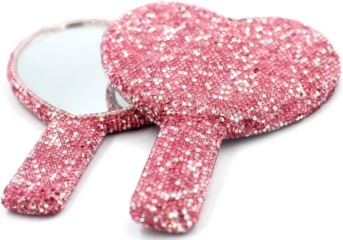 Miniatura 6 de Espejo de mano con forma de corazón con diamantes de imitación, espejo de maquillaje portátil y deslumbrante para retoques sobre la marcha