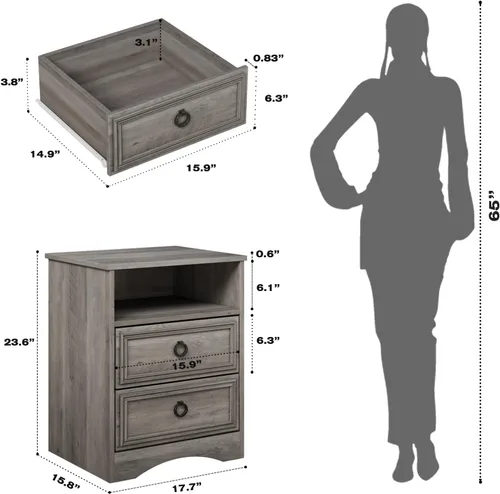 Miniatura 3 de Juego de 2 mesitas de noche con 2 cajones, mesita de noche de 18 pulgadas de ancho con cajones para dormitorio, mesa auxiliar de cama grande y mesa